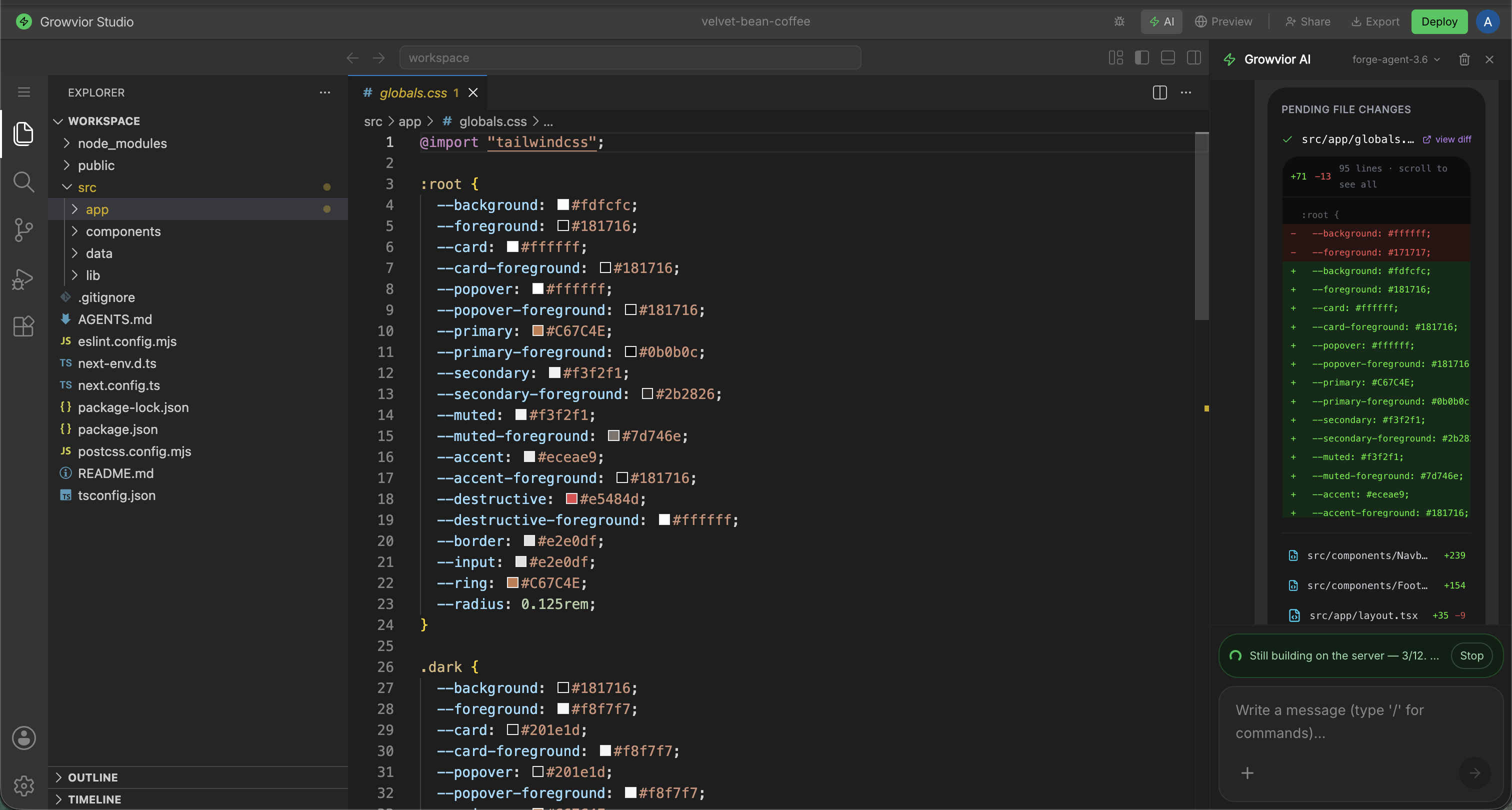 Growvior Studio cloud IDE — a VS Code-style editor in the browser with file explorer, tabs, and a live diff panel