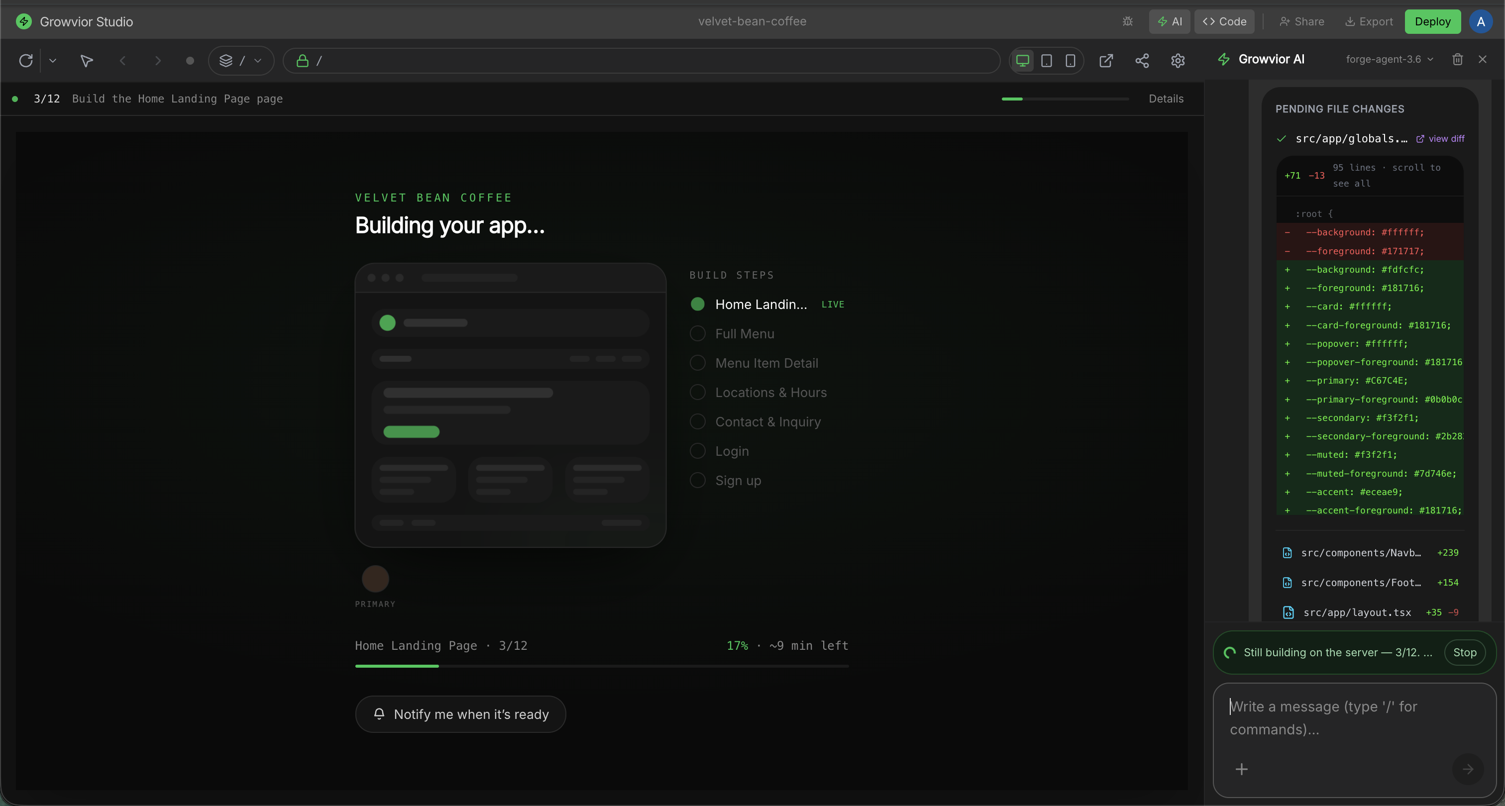 Growvior Studio building an app — live preview with build steps and streaming pending file changes